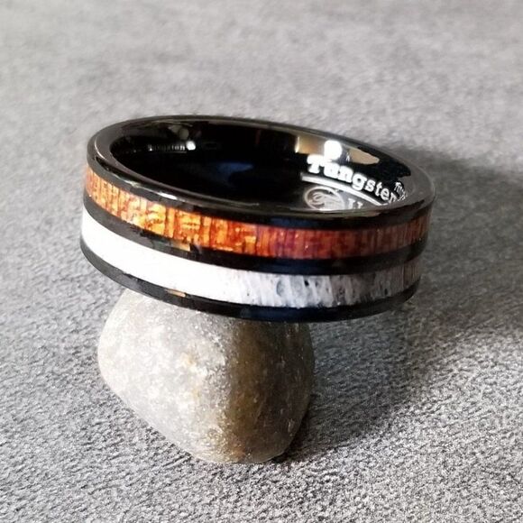 Men's Real Tungsten Wedding Ring With Deer Bone and Whiskey Barrel Wood Inlays - Picture 3 of 5